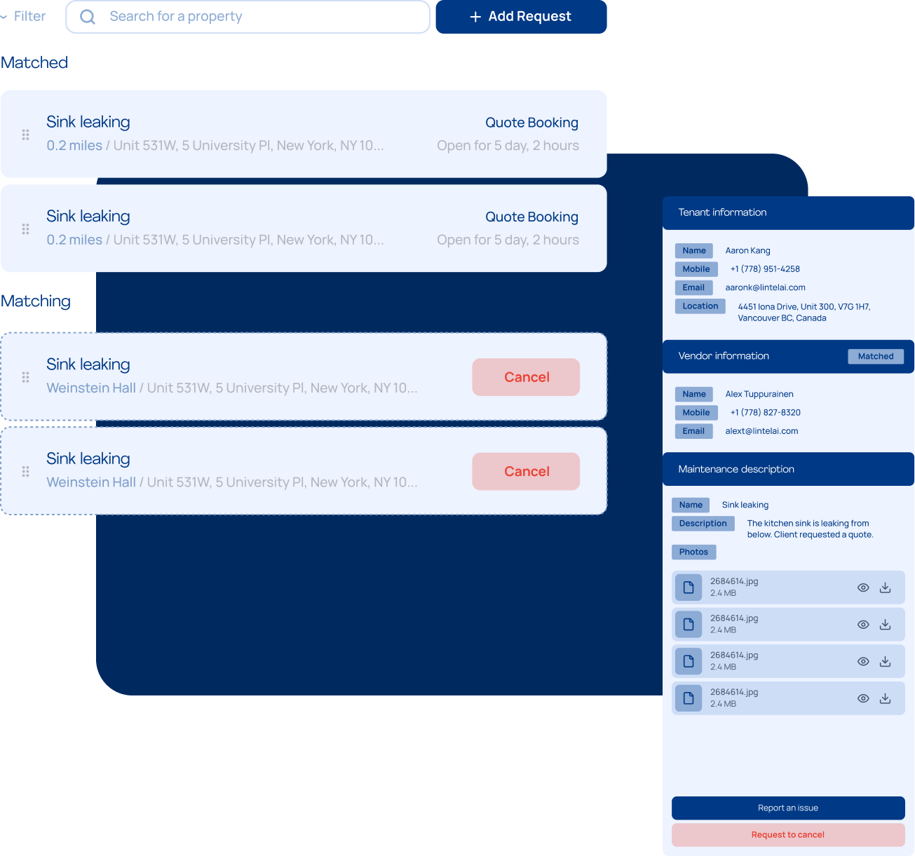 LintelAI maintenance request dashboard